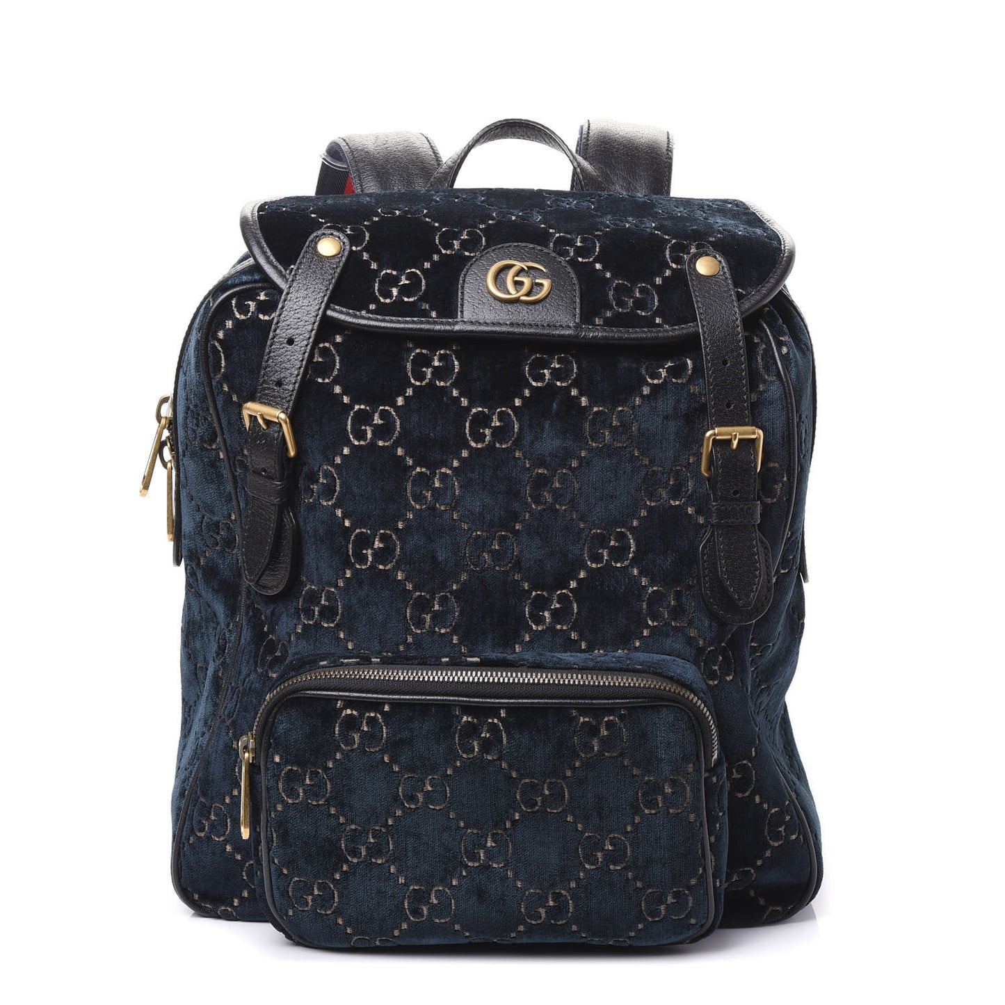Velvet GG Monogram Textured Calfskin Web Small Double Buckle Backpack Blue Beige Black