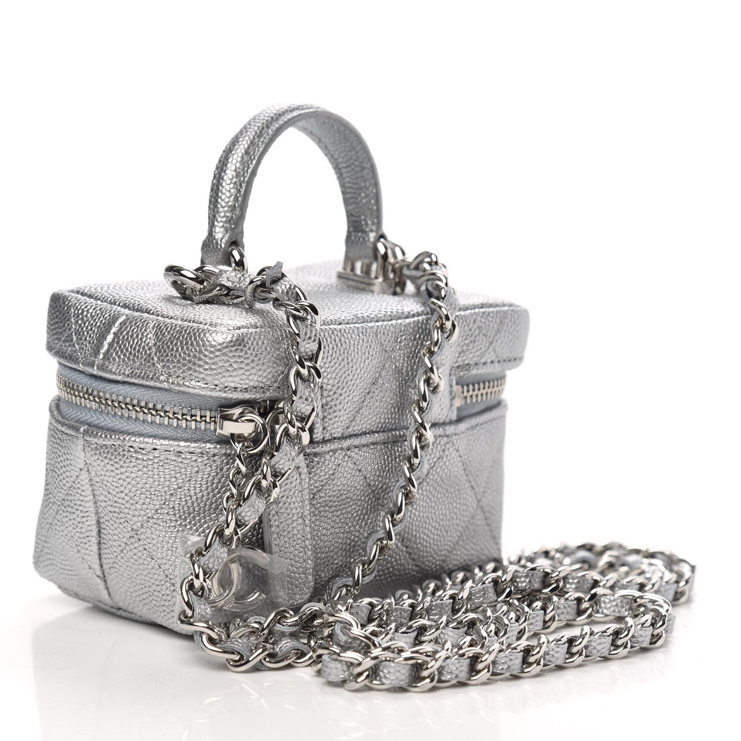 Metallic Caviar Quilted Mini Top Handle Vanity With Chain Silver
