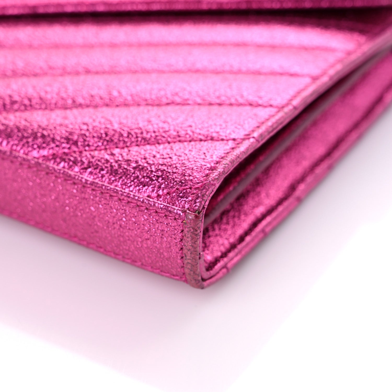 Saint Laurent Metallic Crackled Calfskin Matelasse Chevron Monogram Chain Wallet Fuchsia 7 of 16