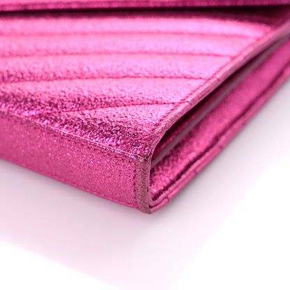 Saint Laurent Metallic Crackled Calfskin Matelasse Chevron Monogram Chain Wallet Fuchsia 7 of 16