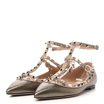 Valentino Garavani Metallic Pebbled Calfskin Rockstud Cage Ballerina Flats 37.5 Sasso Poudre 3 of 7