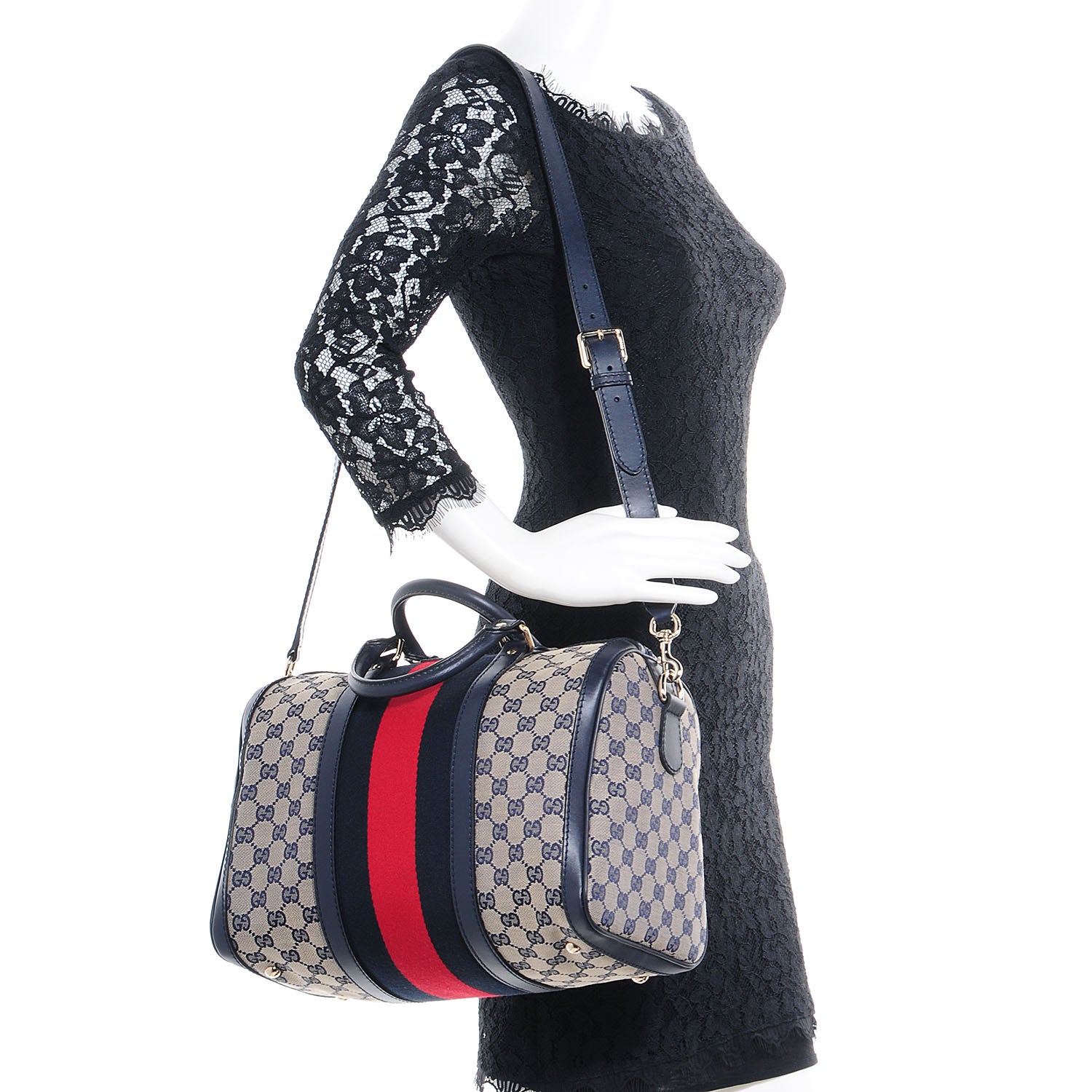 Gucci Monogram Selleria Calfskin Vintage Web Medium Boston Beige Blue 2 of 7