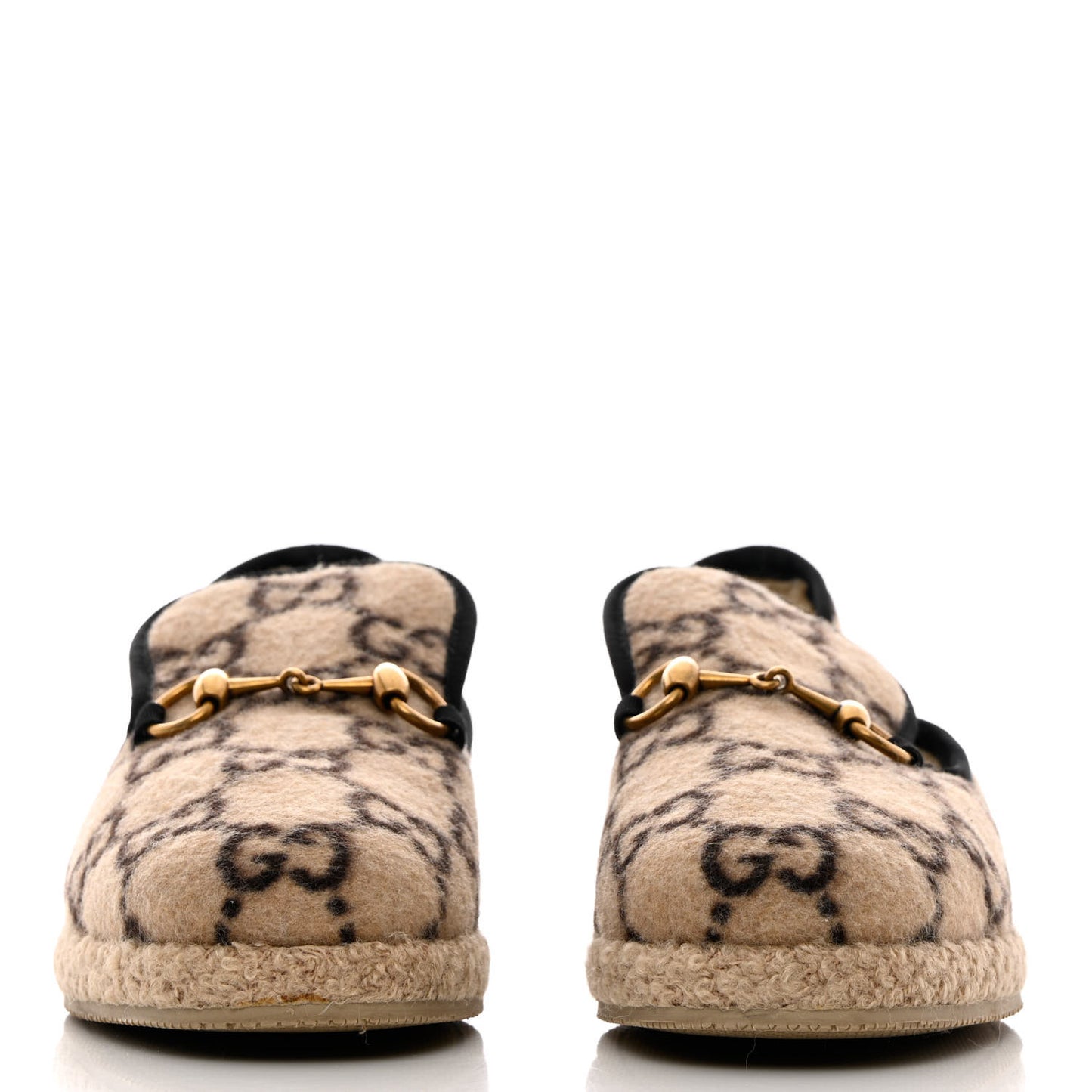 Covered Wool GG Monogram Womens Fria Horsebit Loafers 39 Beige Ebony Black Butterscotch