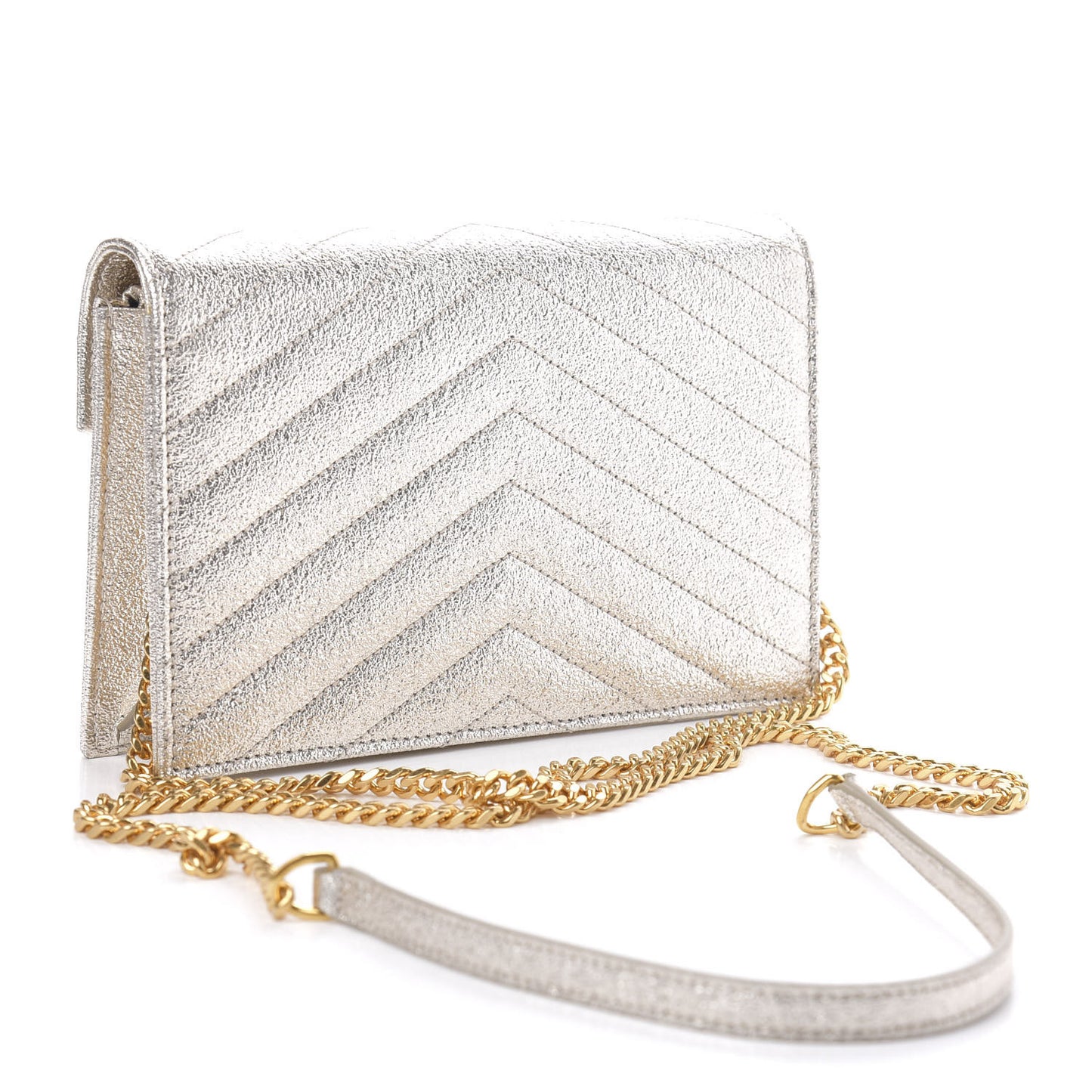 Metallic Grain De Poudre Matelasse Chevron Monogram Chain Wallet Gold
