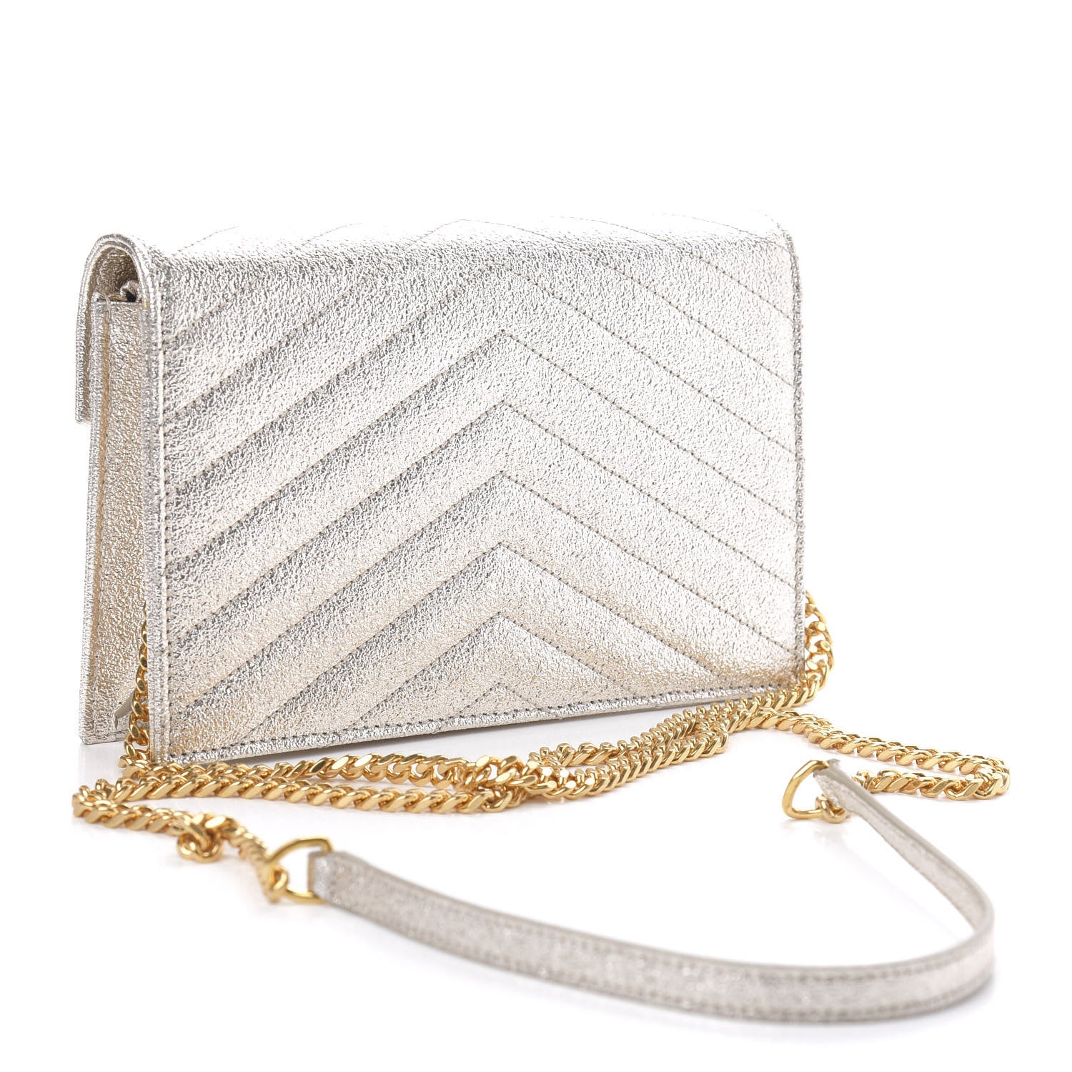 Saint Laurent Metallic Grain De Poudre Matelasse Chevron Monogram Chain Wallet Gold 3 of 9