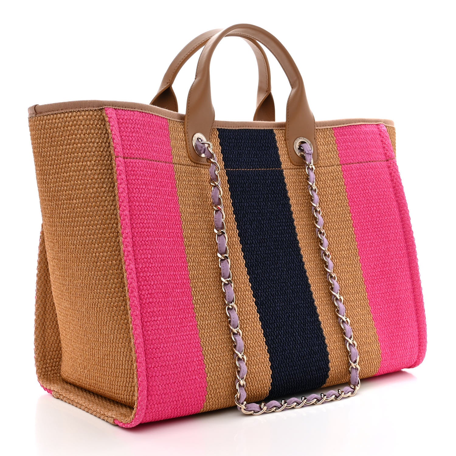 Chanel Straw Raffia Calfskin Striped Medium Deauville Tote Dark Beige Fuchsia Navy Blue 3 of 10