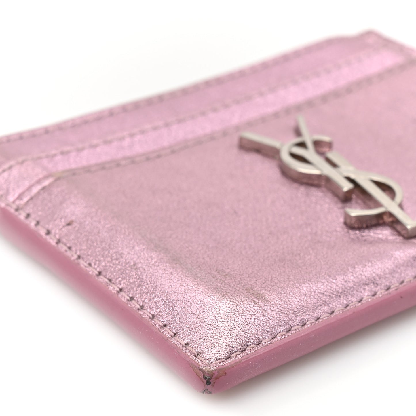 Metallic Calfskin Monogram Credit Card Case Pink