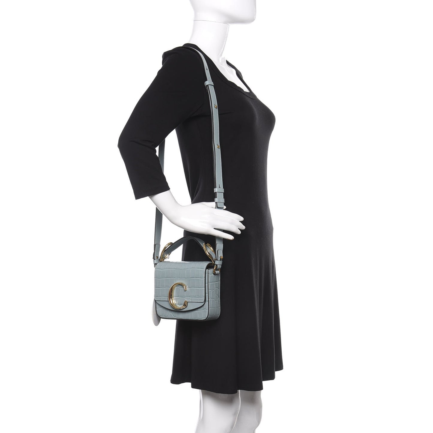 Calfskin Crocodile Embossed Mini C Double Carry Faded Blue