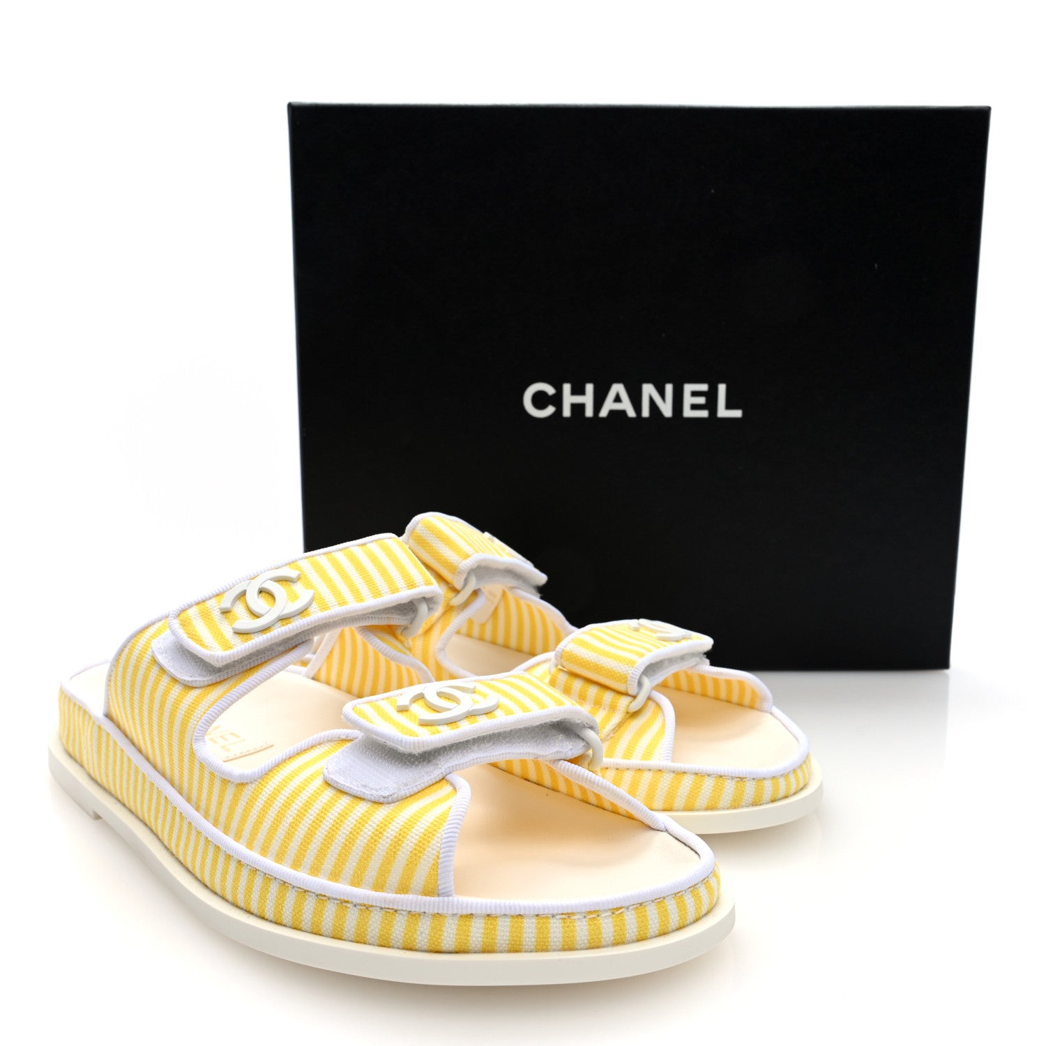 Chanel Printed Calfskin Velcro Dad Flat Mules 38 White Yellow 9 of 9