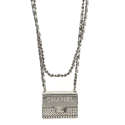 Chanel Metal Lambskin Strass Crystal Purse CC Long Necklace Silver 1 of 5