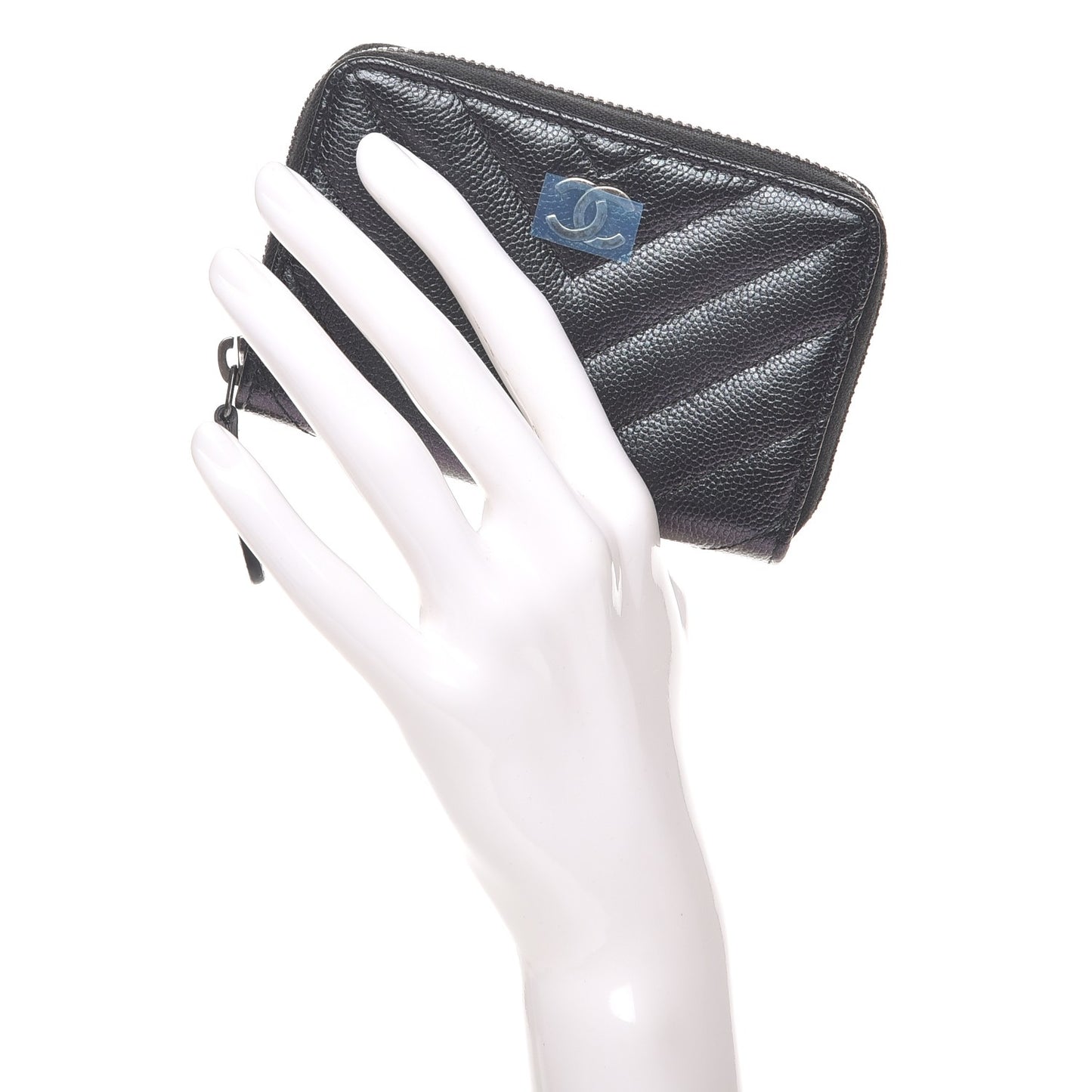 Iridescent Caviar Chevron Quilted Zip Around Coin Purse Black
