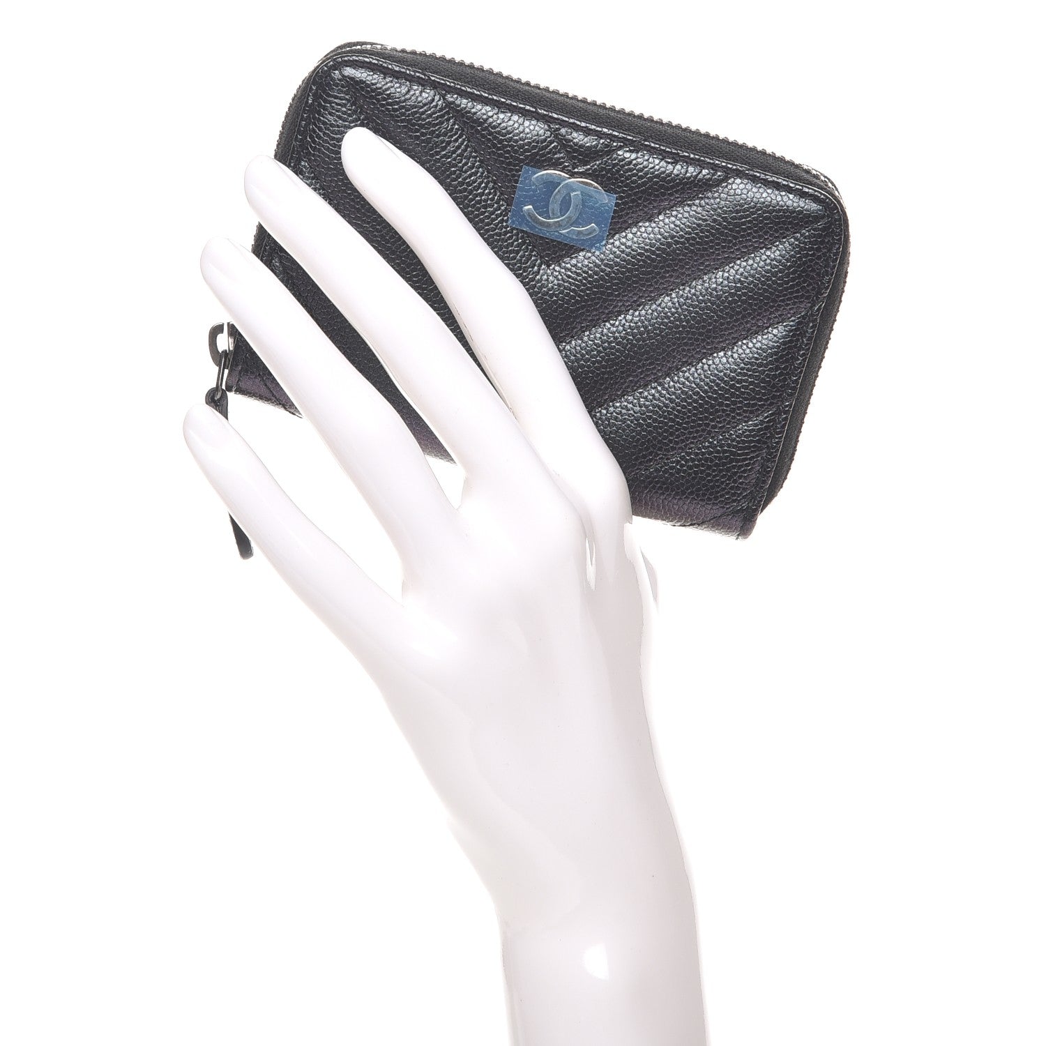 Chanel Iridescent Caviar Chevron Quilted Zip Around Coin Purse Black 2 of 8