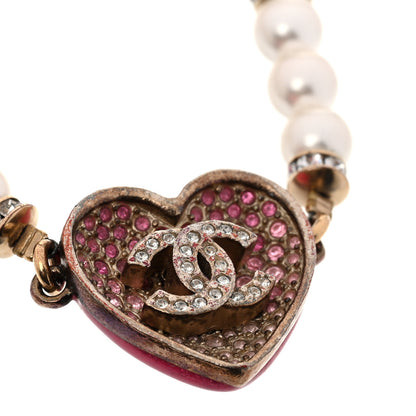 Chanel Resin Crystal Pearl Chain Heart CC Bracelet Pink White Gold 5 of 6