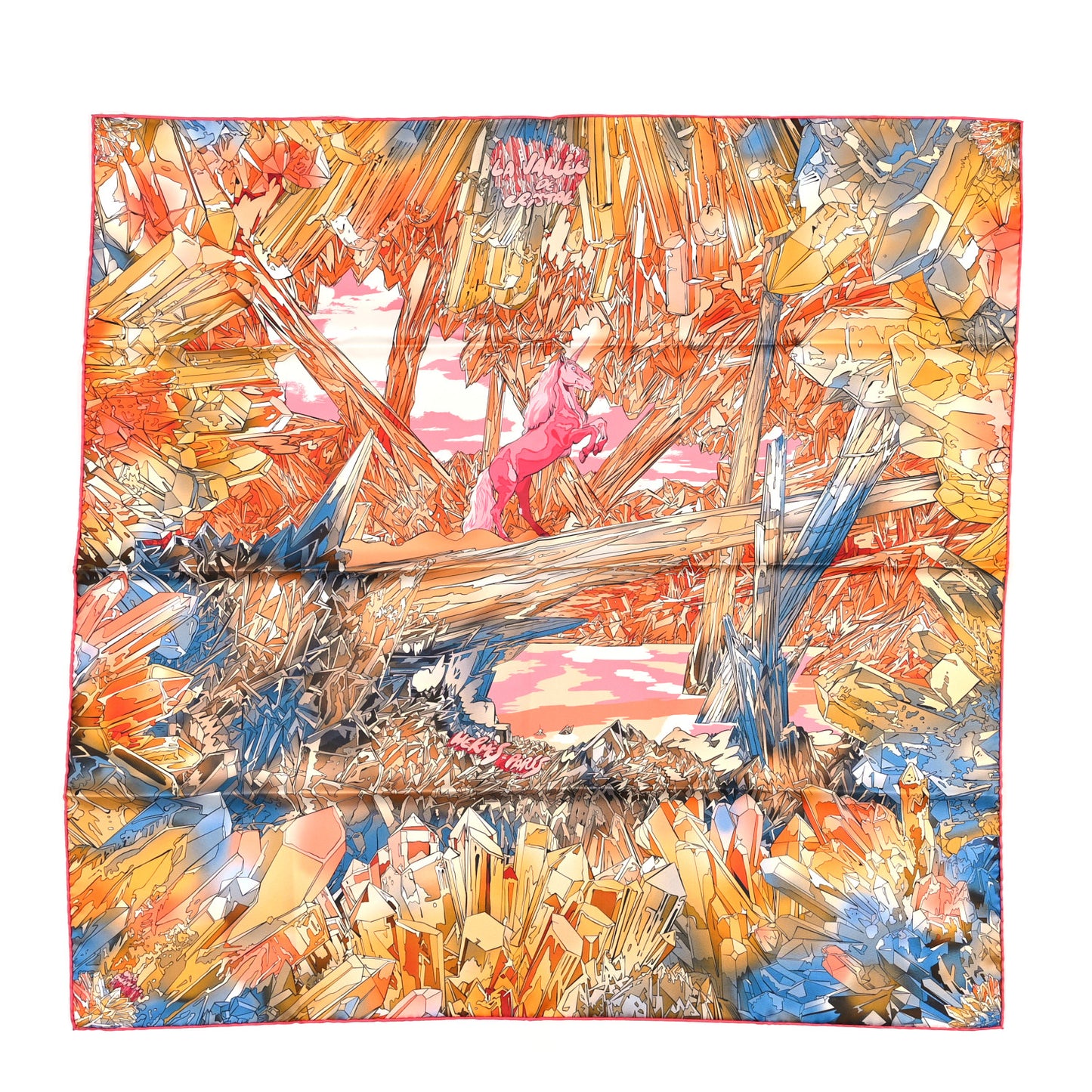 Silk Twill La Vallee De Cristal Scarf 90 Orange Rose Bleu