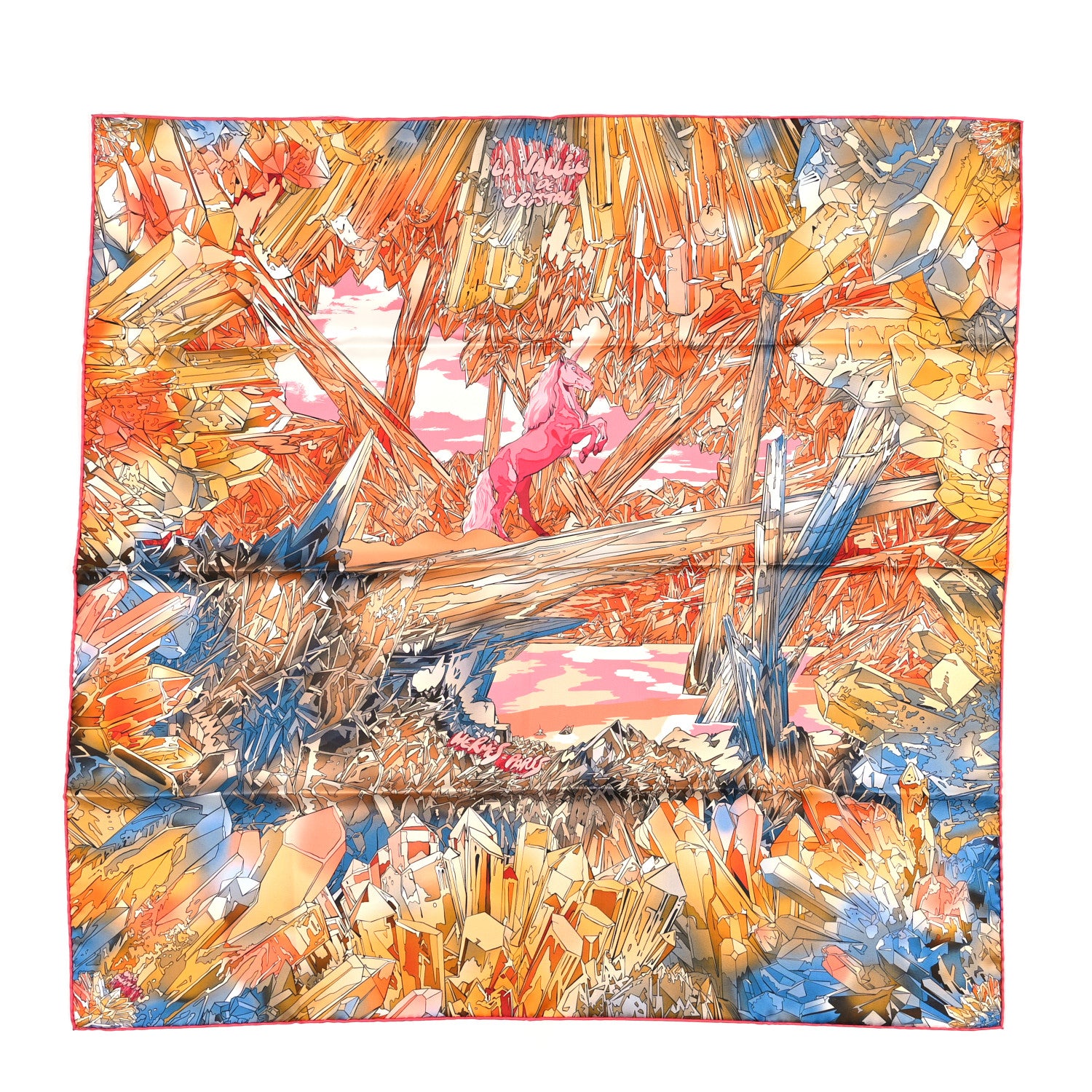 Hermes Silk Twill La Vallee De Cristal Scarf 90 Orange Rose Bleu 1 of 4