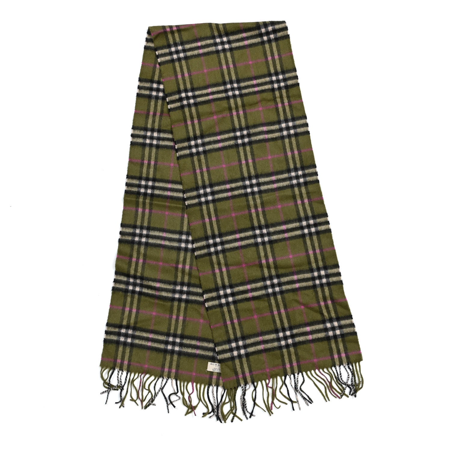 Burberry Cashmere Classic Check Fringe Scarf Green 2 of 4