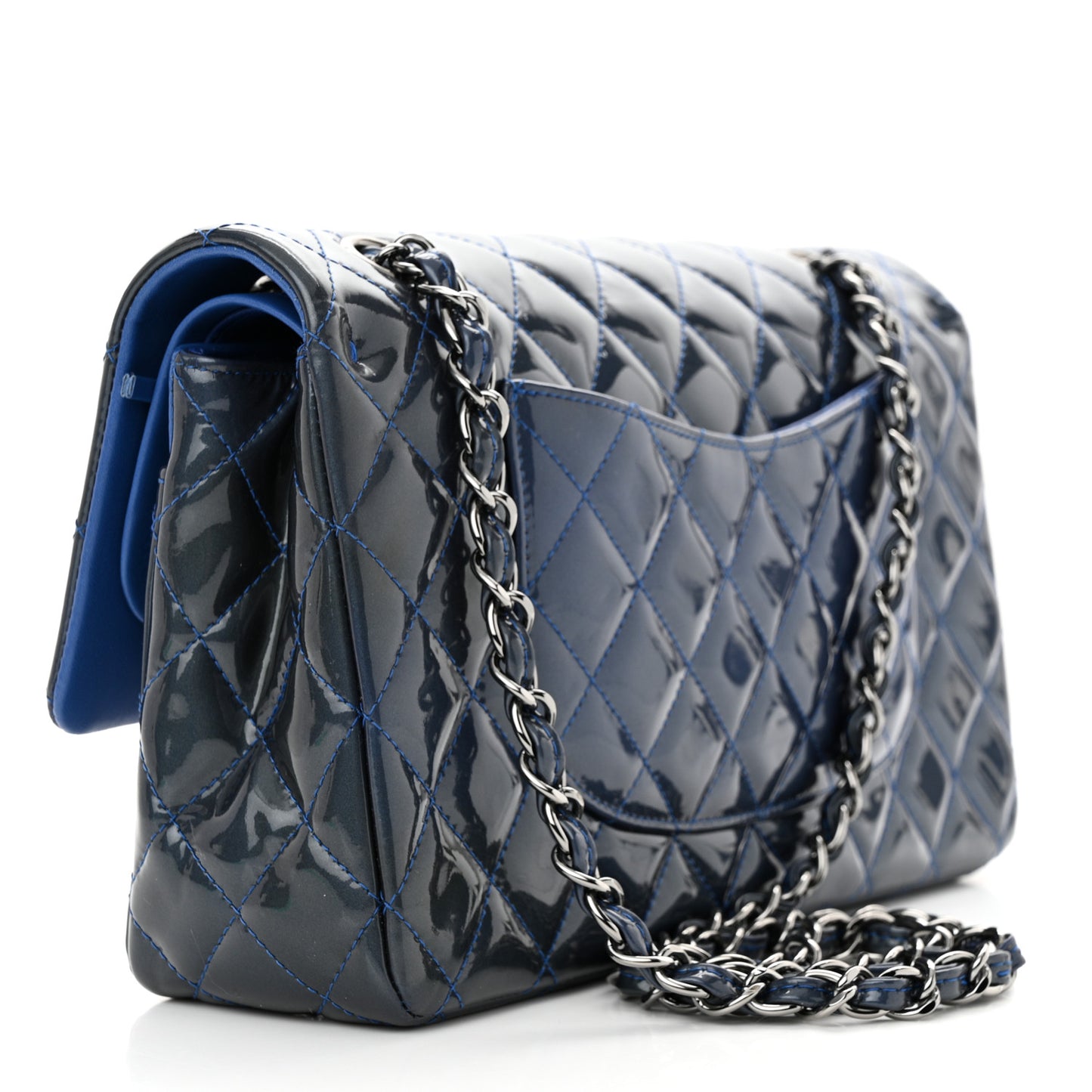 Patent Quilted Medium Double Flap Blue