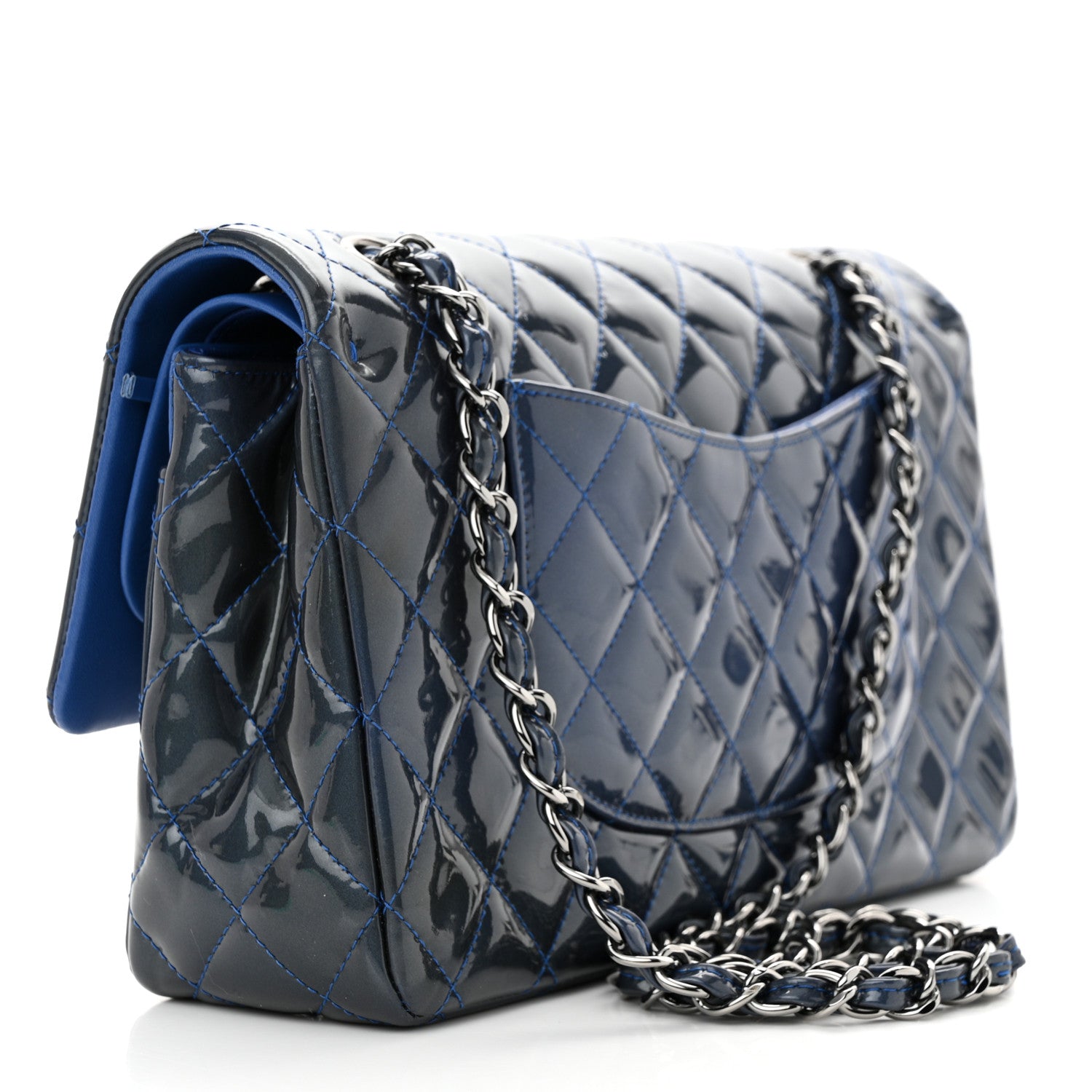 Chanel Patent Quilted Medium Double Flap Blue 3 of 12