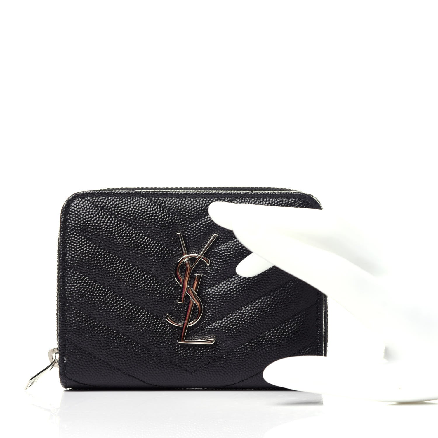 Saint Laurent Grain De Poudre Matelasse Chevron Monogram Compact Zip Around Wallet Black 2 of 10