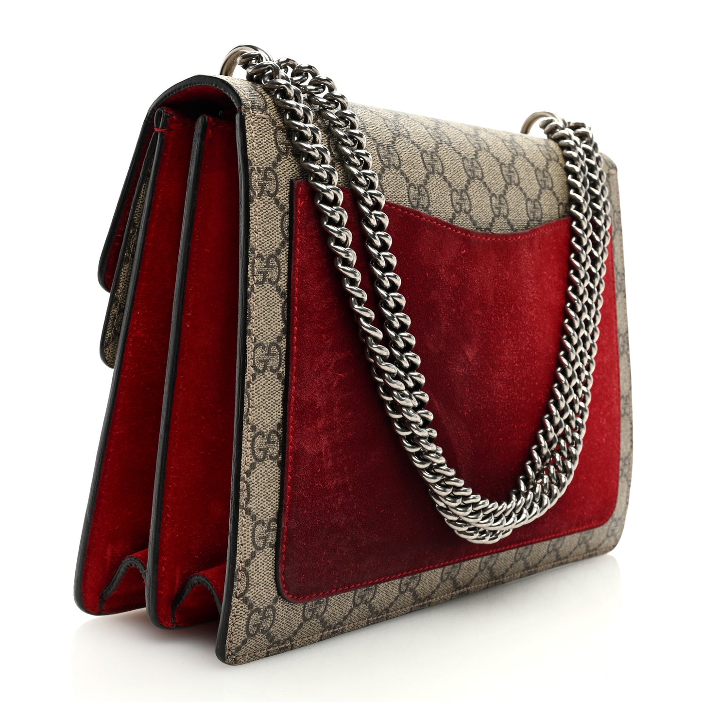 GG Supreme Monogram Suede Cudu Medium Dionysus Shoulder Bag Beige Ebony Vulcanic Red