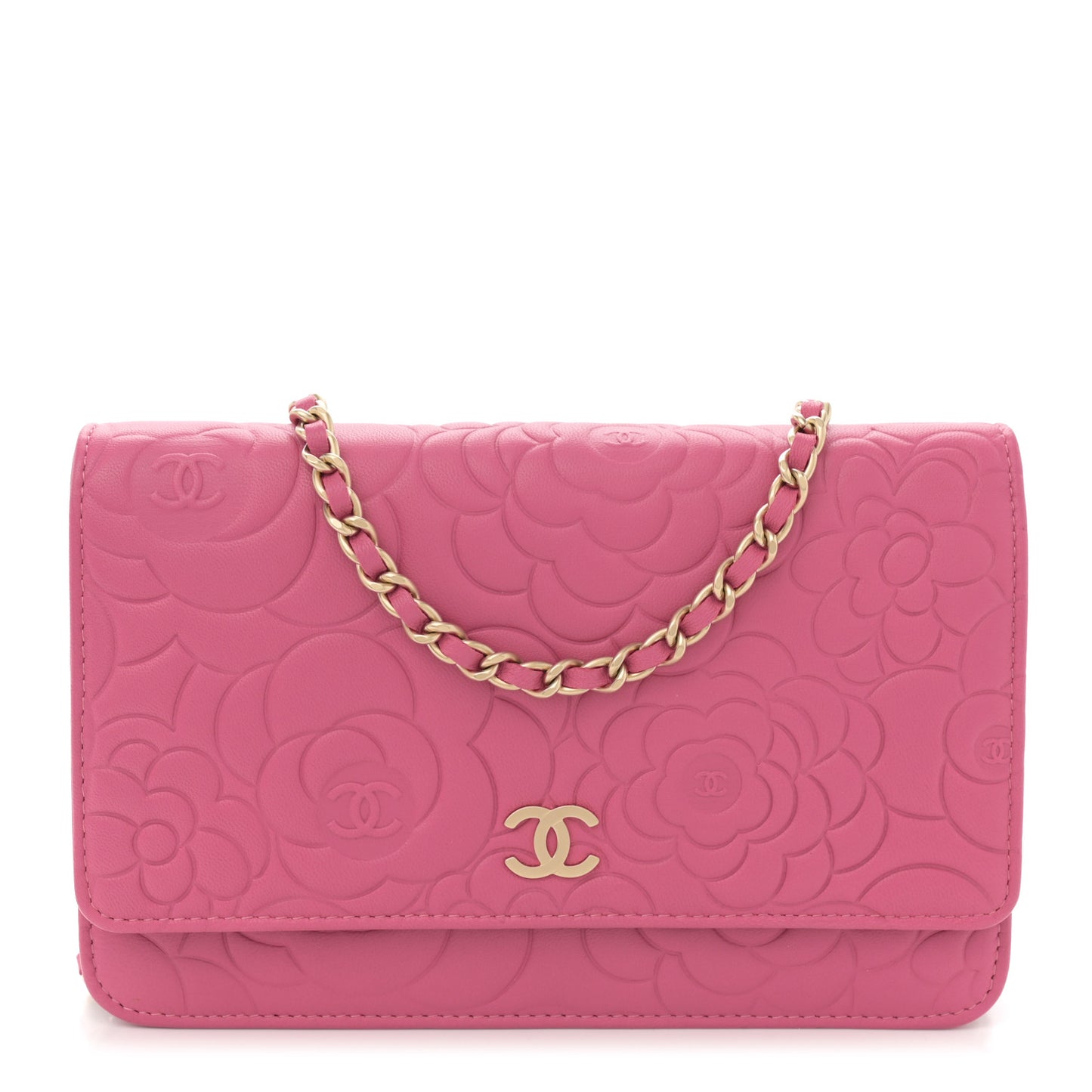 Lambskin Camellia Embossed Wallet on Chain WOC Pink