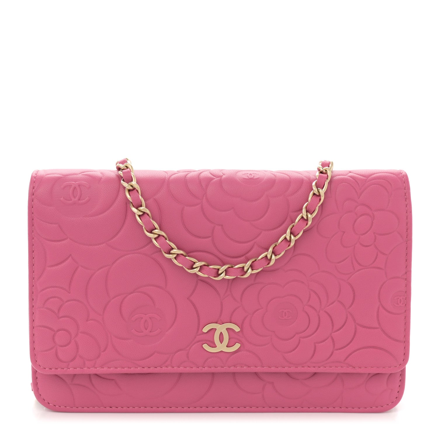Chanel Lambskin Camellia Embossed Wallet on Chain WOC Pink 1 of 10
