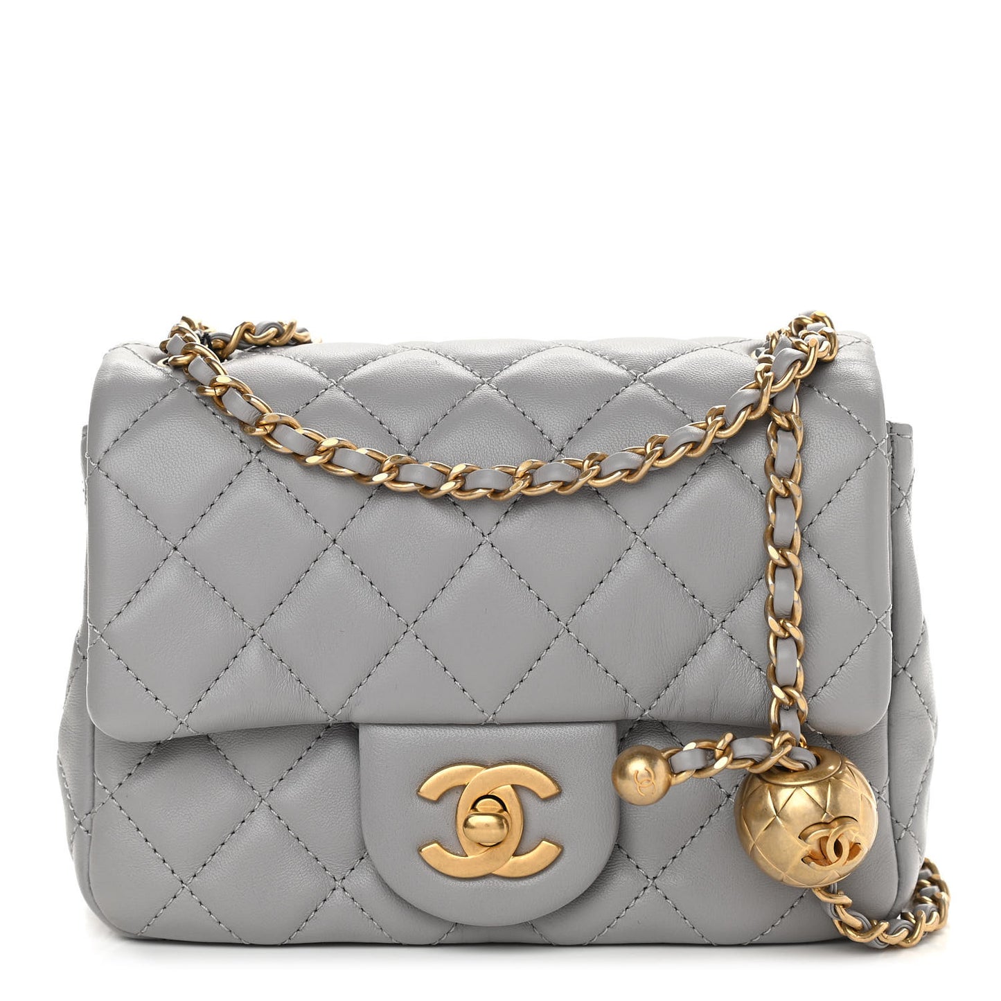 Lambskin Quilted Mini Pearl Crush Flap Light Grey