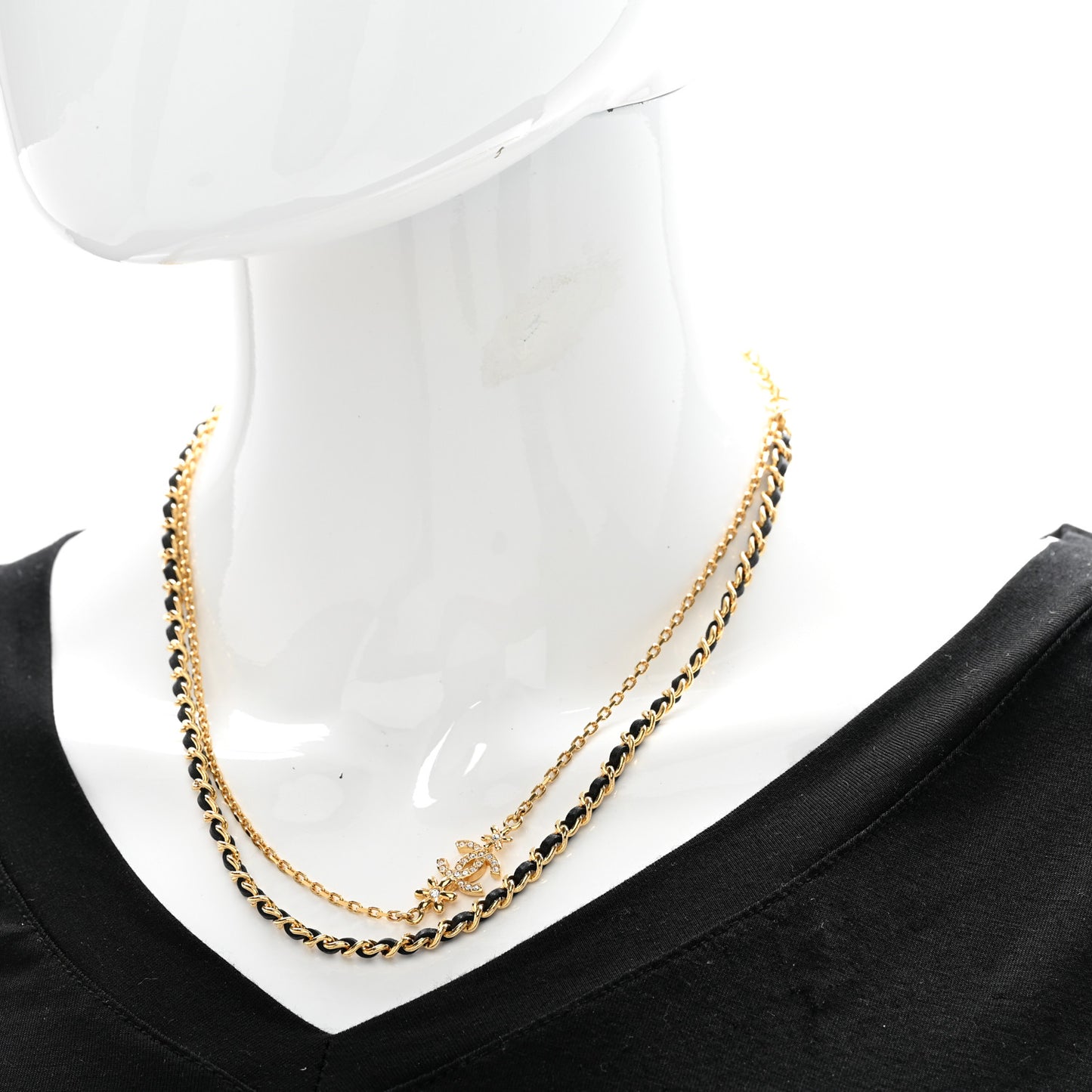 Metal Lambskin Crystal CC Double Chain Necklace Black Gold
