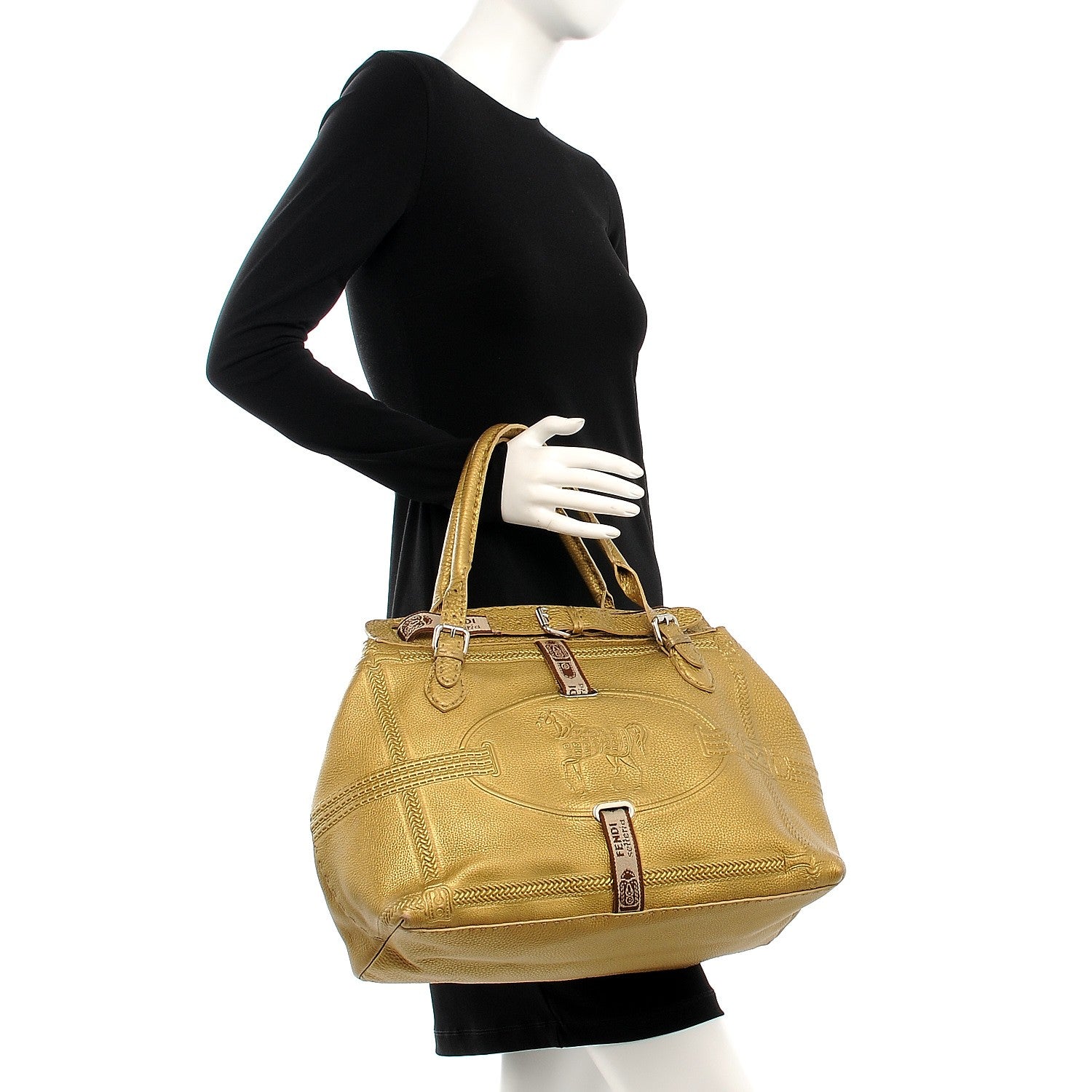 Fendi Calfskin Romano Selleria Large Villa Borghese Tote Gold 2 of 12