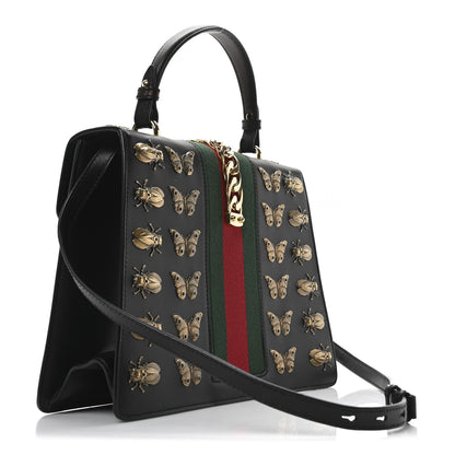 Gucci Calfskin Animal Studs Medium Sylvie Top Handle Bag Black 3 of 10