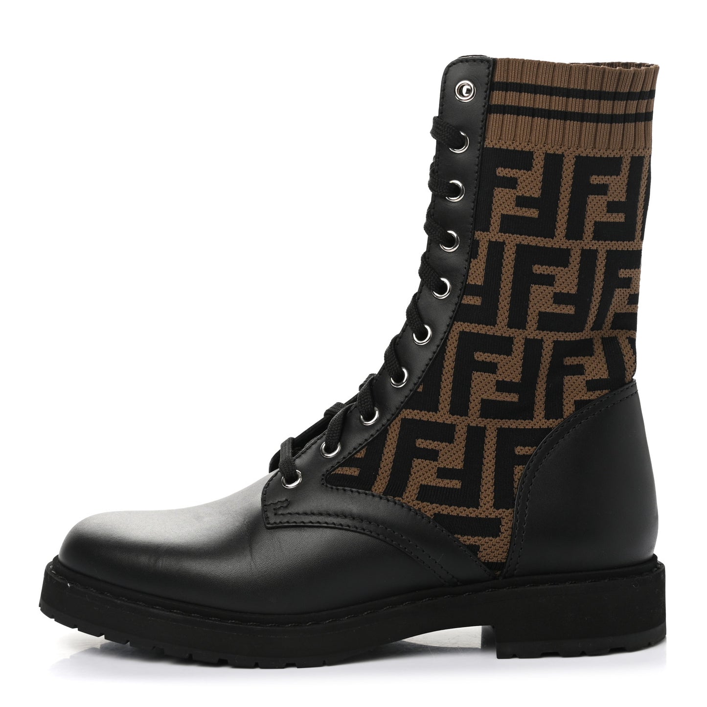 Calfskin Stretch Fabric FF Rockoko Biker Boots 37.5 Black Tobacco