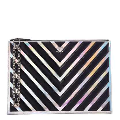 Chanel Lambskin Metallic Chevron Zip Pouch Black Silver 1 of 8