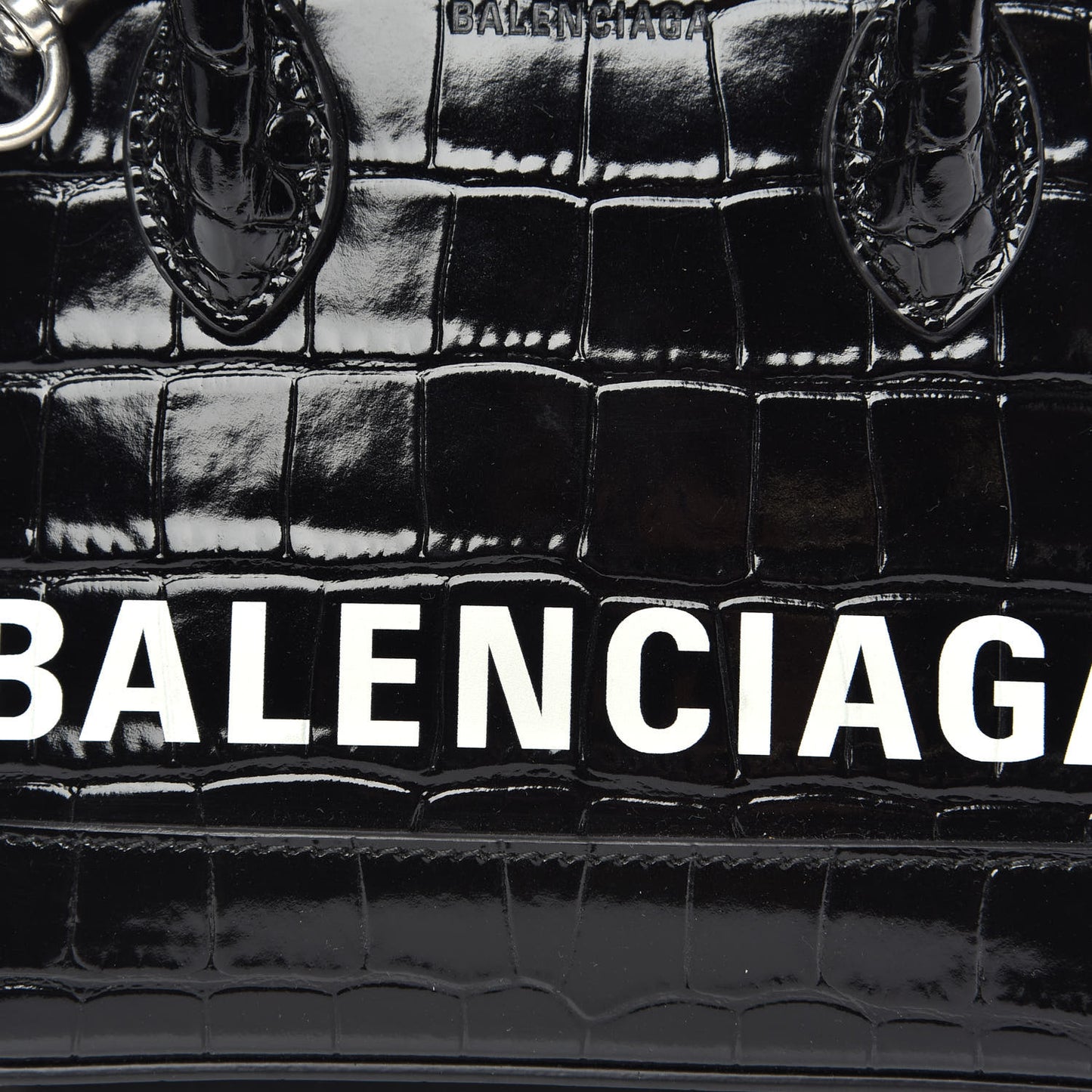 Shiny Calfskin Logo Crocodile Embossed XXS Ville Top Handle Bag Black White