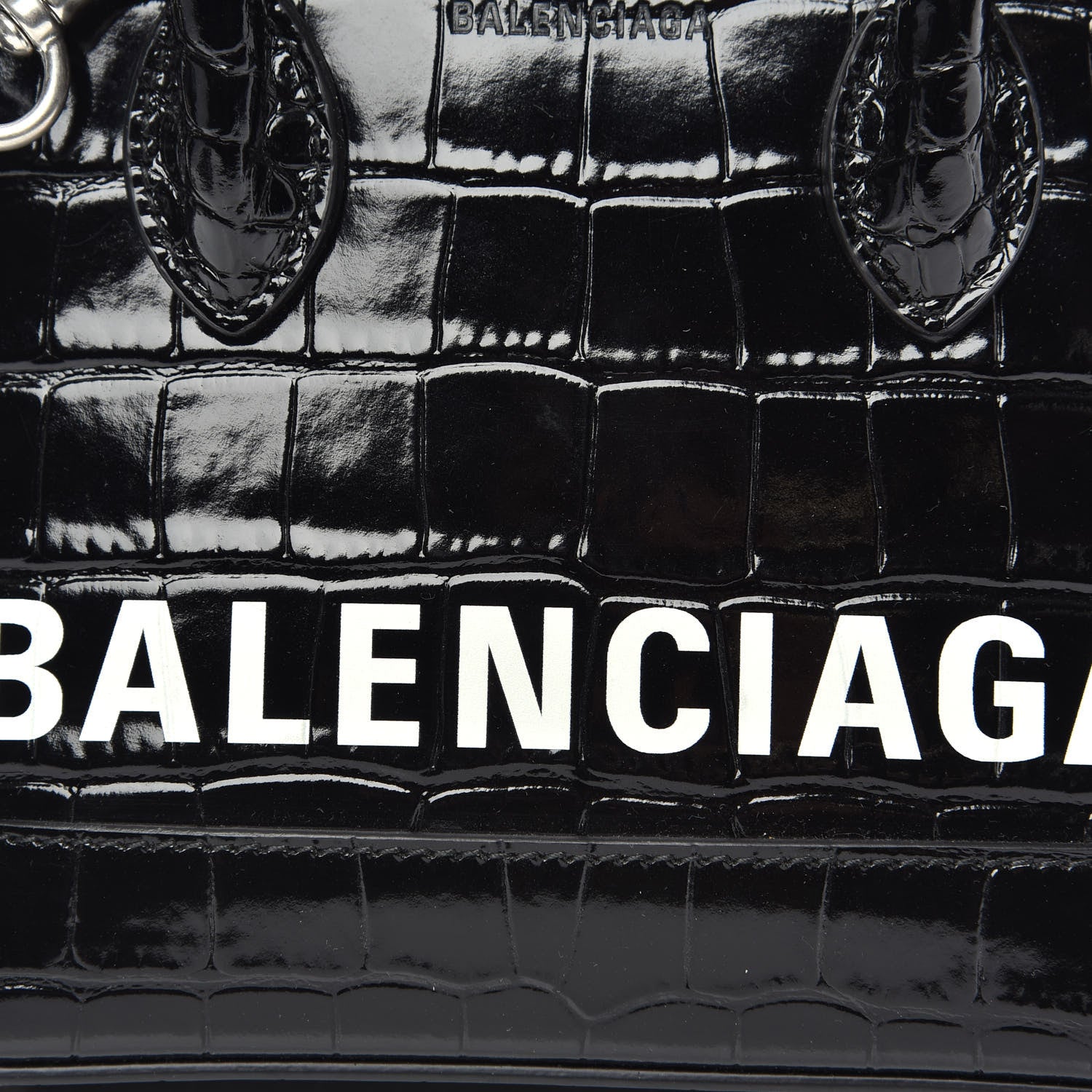 Balenciaga Shiny Calfskin Logo Crocodile Embossed XXS Ville Top Handle Bag Black White 7 of 10