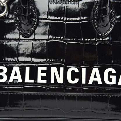 Balenciaga Shiny Calfskin Logo Crocodile Embossed XXS Ville Top Handle Bag Black White 7 of 10