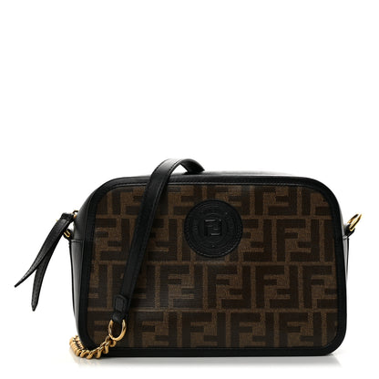 Fendi Glazed Fabric Vitello Century FF 1974 Stamp Patch Camera Case Mogano Panna Black 1 of 10