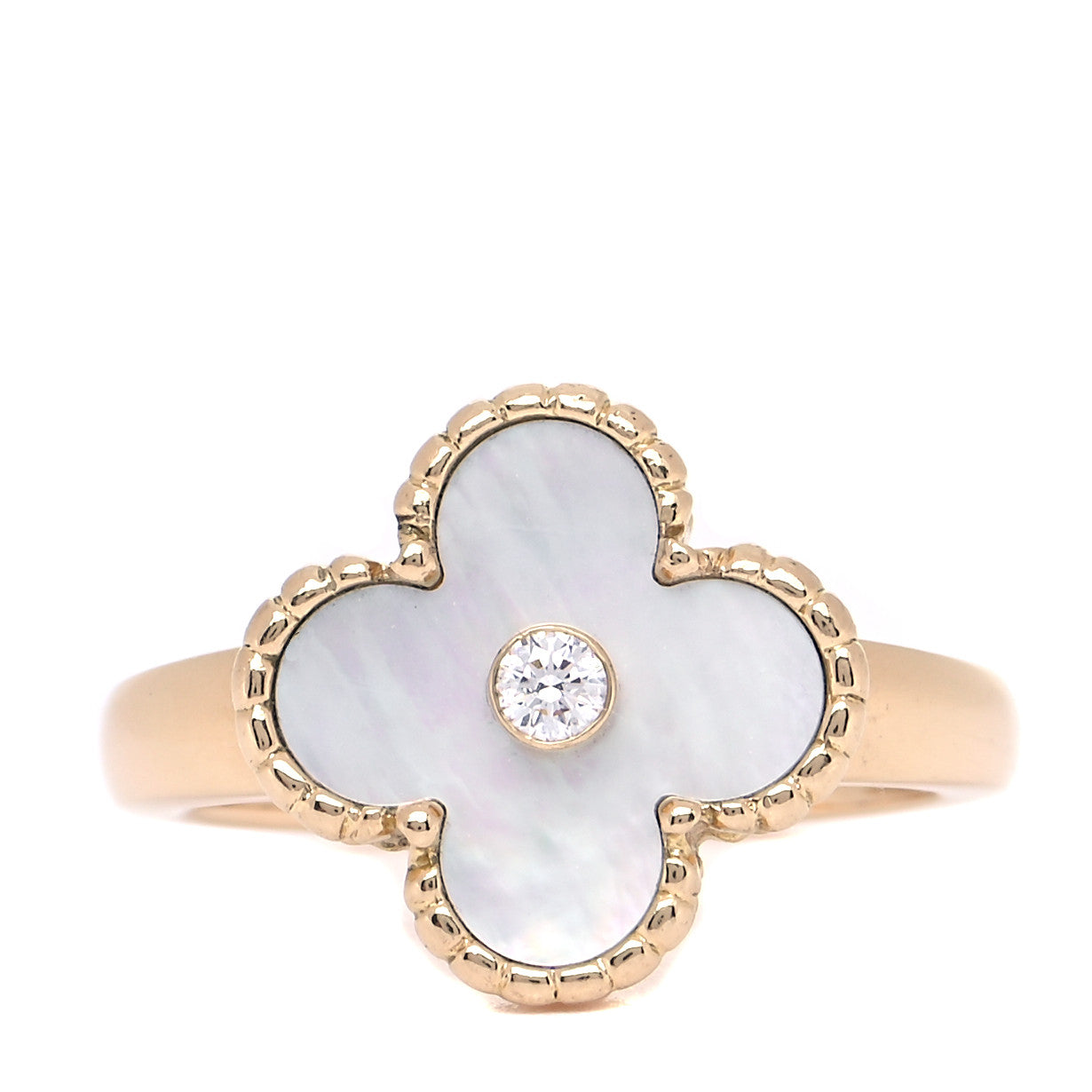 18K Yellow Gold Diamond Mother of Pearl Vintage Alhambra Ring 55 7.25