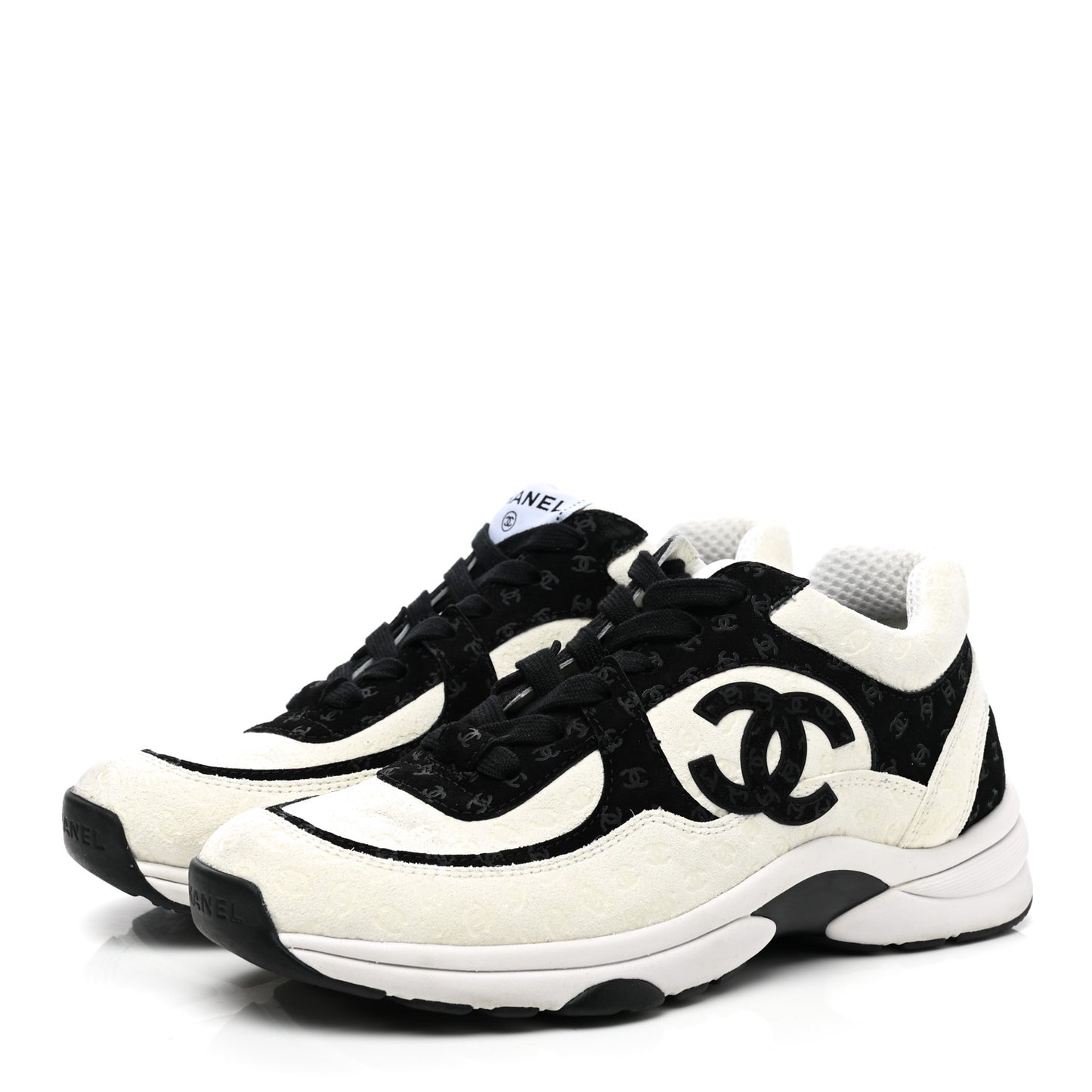 Suede Calfskin Womens CC Printed Sneakers 37.5 White Black