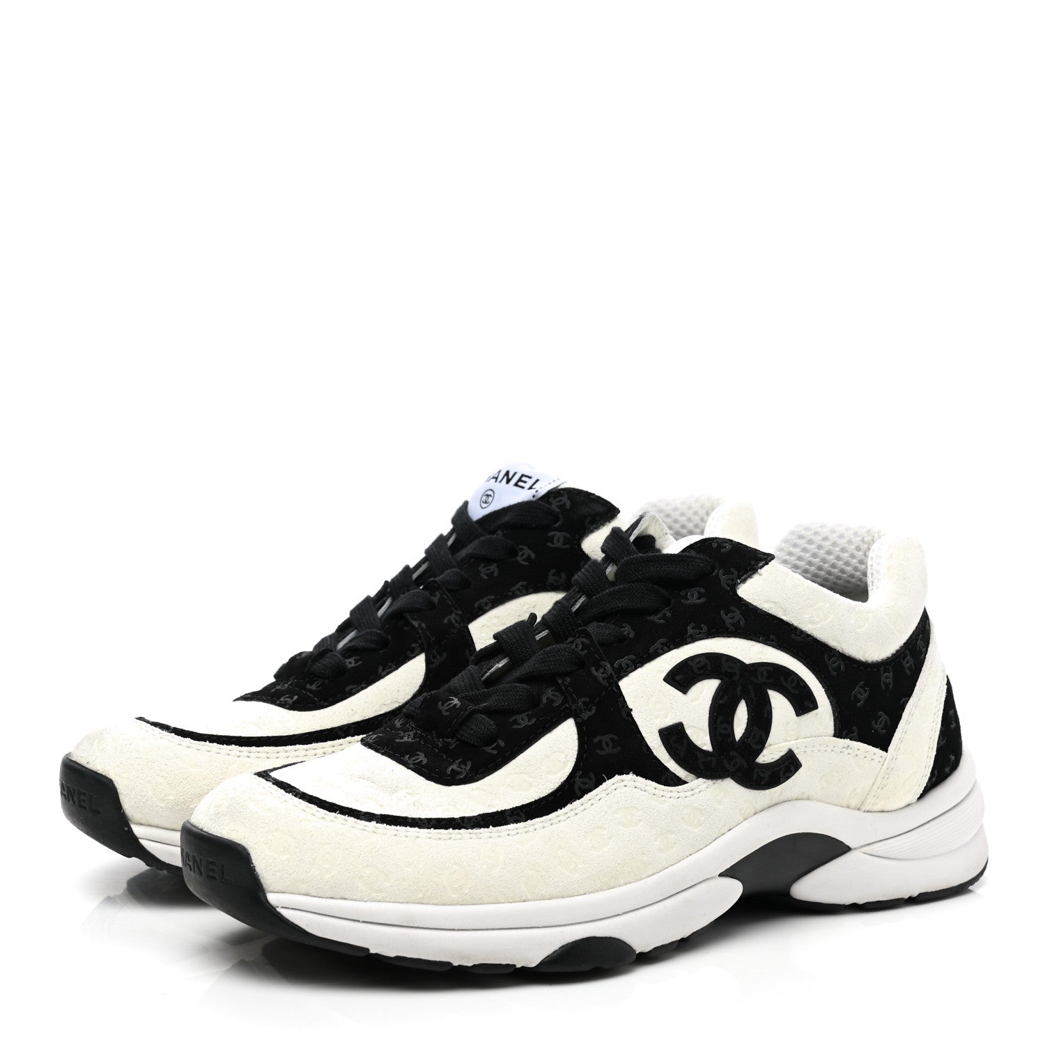 Chanel Suede Calfskin Womens CC Printed Sneakers 37.5 White Black 3 of 7