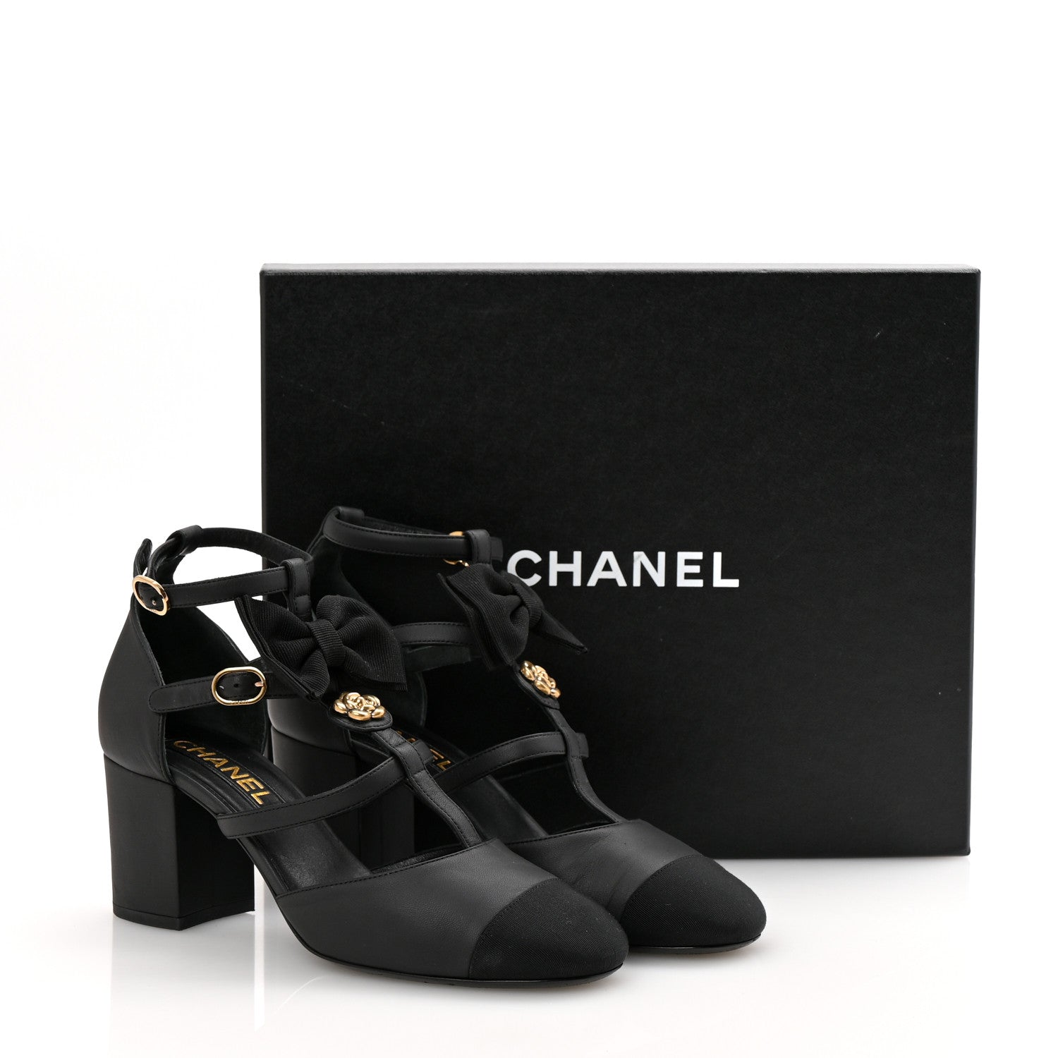 Chanel Lambskin Grosgrain Cap Toe Camellia Mary Jane Pumps 38