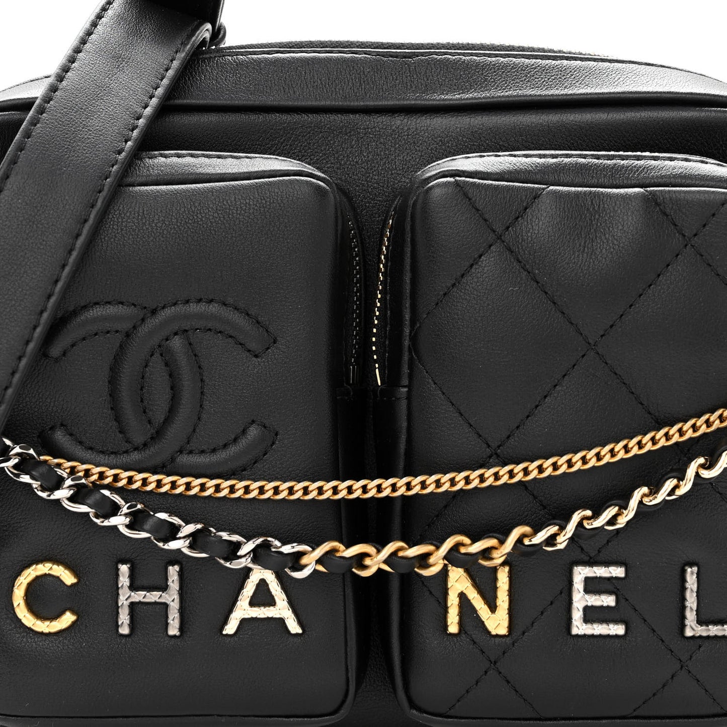 Calfskin Quilted Small Camera Case Black