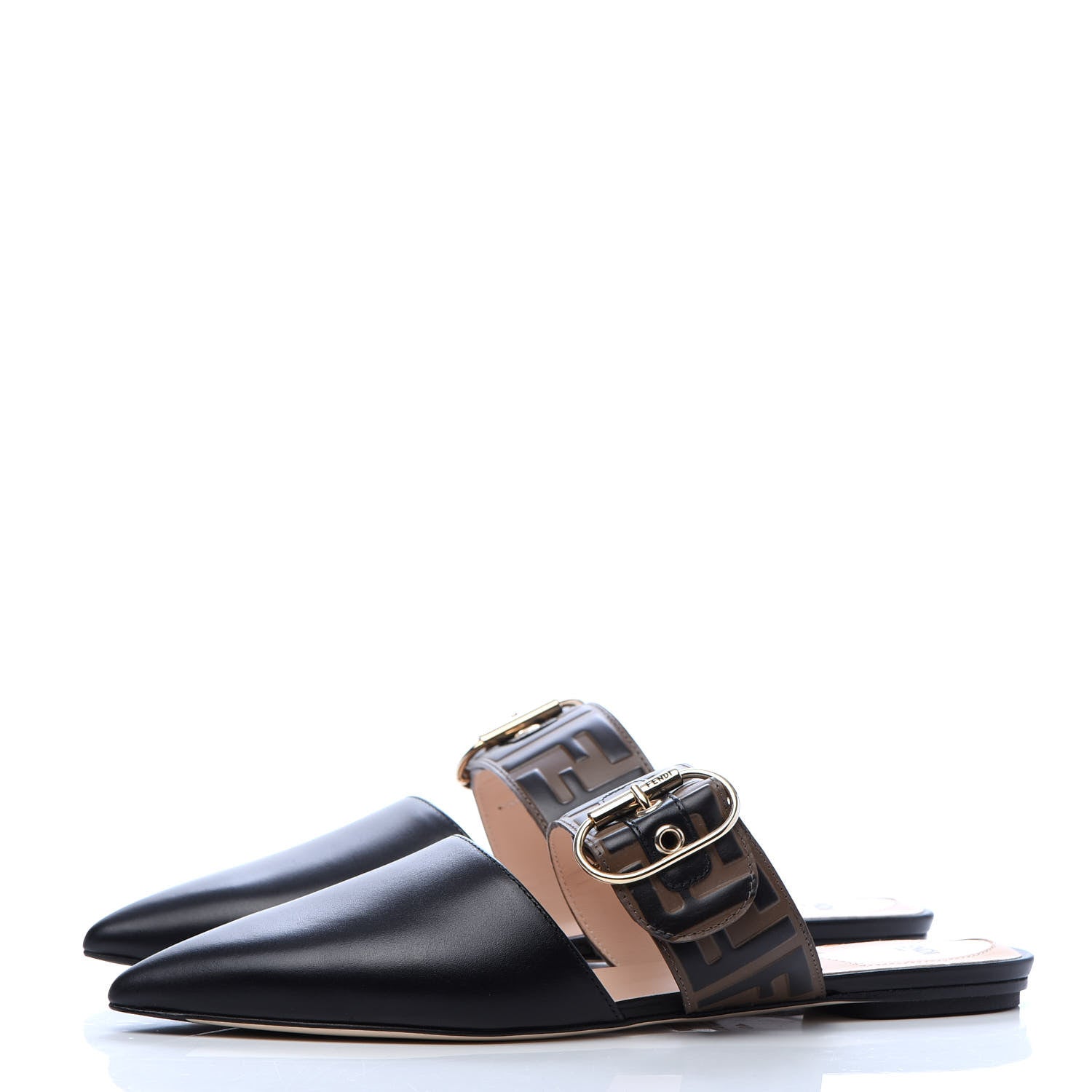 Fendi Vitello FF Embossed Buckle Flat Mules 40 Maya Black 3 of 7