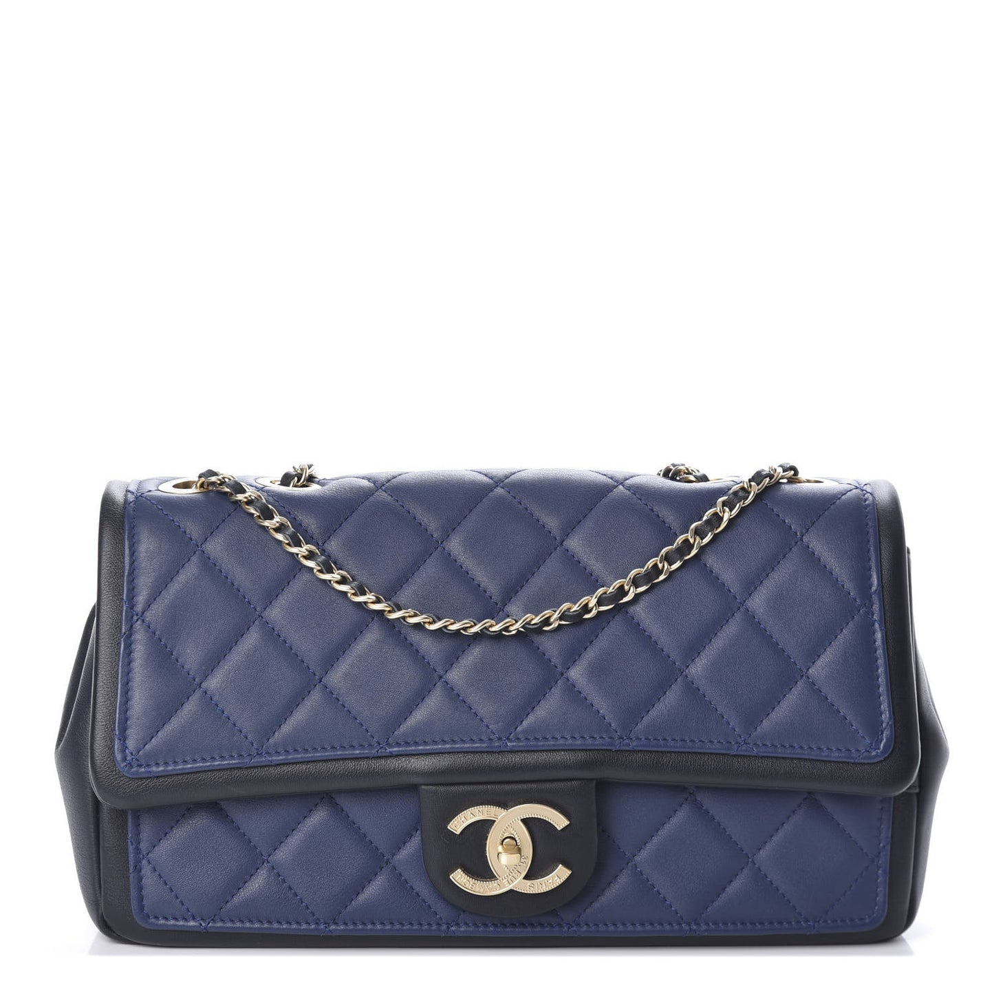 Lambskin Quilted Medium Graphic Flap Navy Black