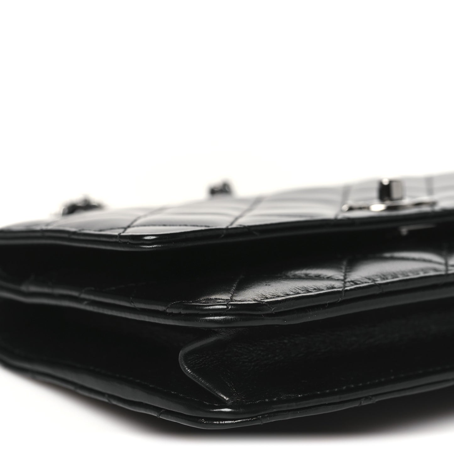 Shiny Crumpled Calfskin Strass Quilted Top Handle Wallet On Chain WOC Black