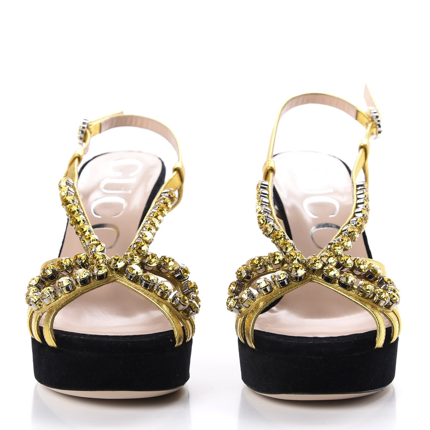 Velvet Nappa Crystal Zephyra Slingback Platform High Heel Sandals 36 Black Gold