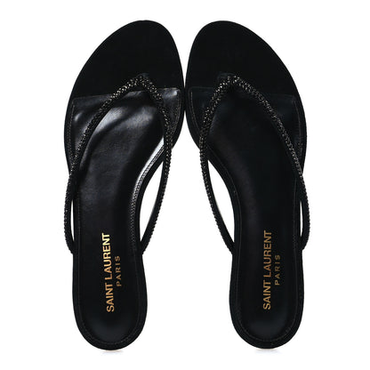 Saint Laurent Kid Suede Strass Crystal Embellished Joni 05 Flat Sandals 37 Black 2 of 8