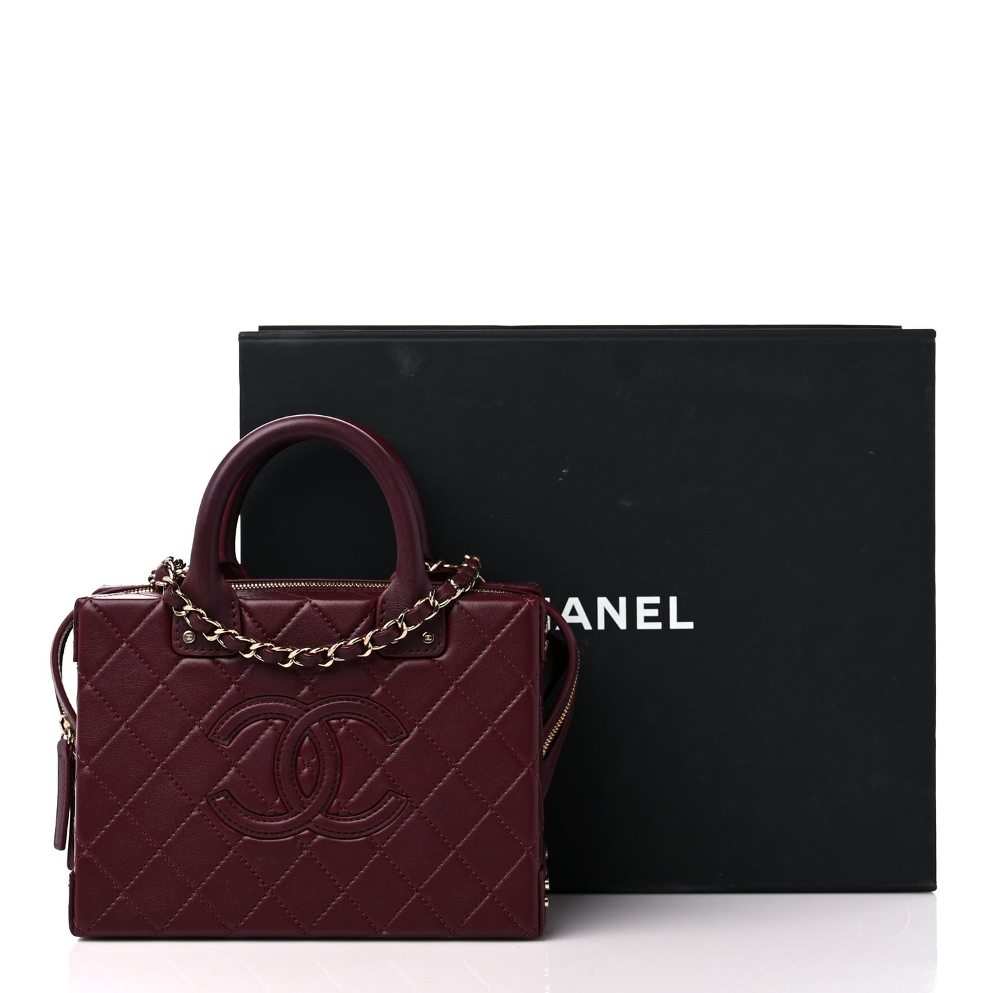 Calfskin Quilted Studded Square Vanity Case Burgundy