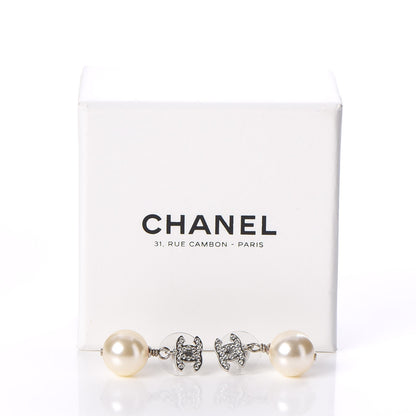 Chanel Crystal Pearl CC Drop Earrings Silver 6 of 6