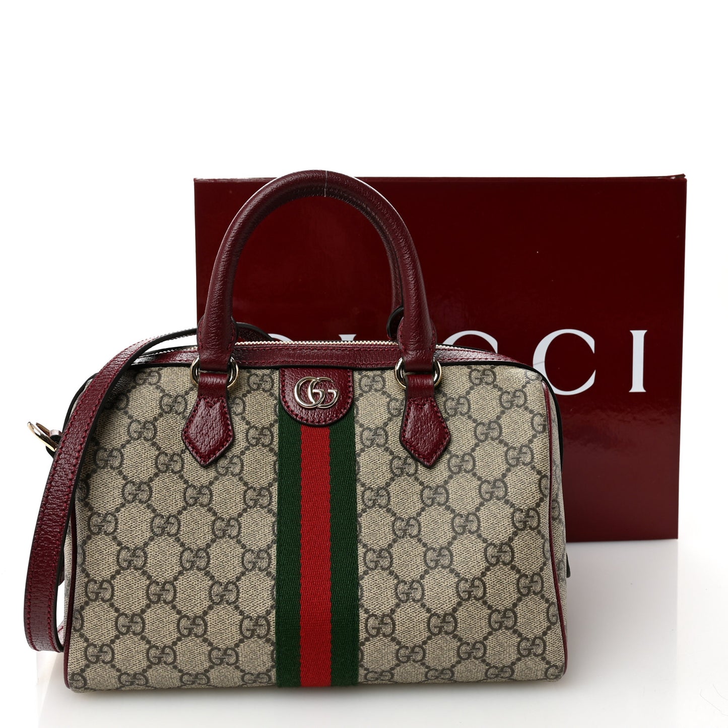 GG Supreme Monogram Web Medium Ophidia Top Handle Bag Beige Bordeaux