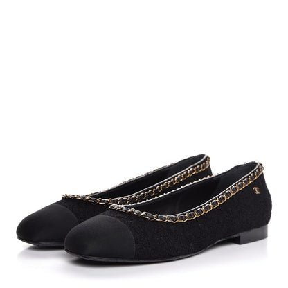 Chanel Tweed Grosgrain Chained Cap Toe Ballerina Flats 40 Black 3 of 11